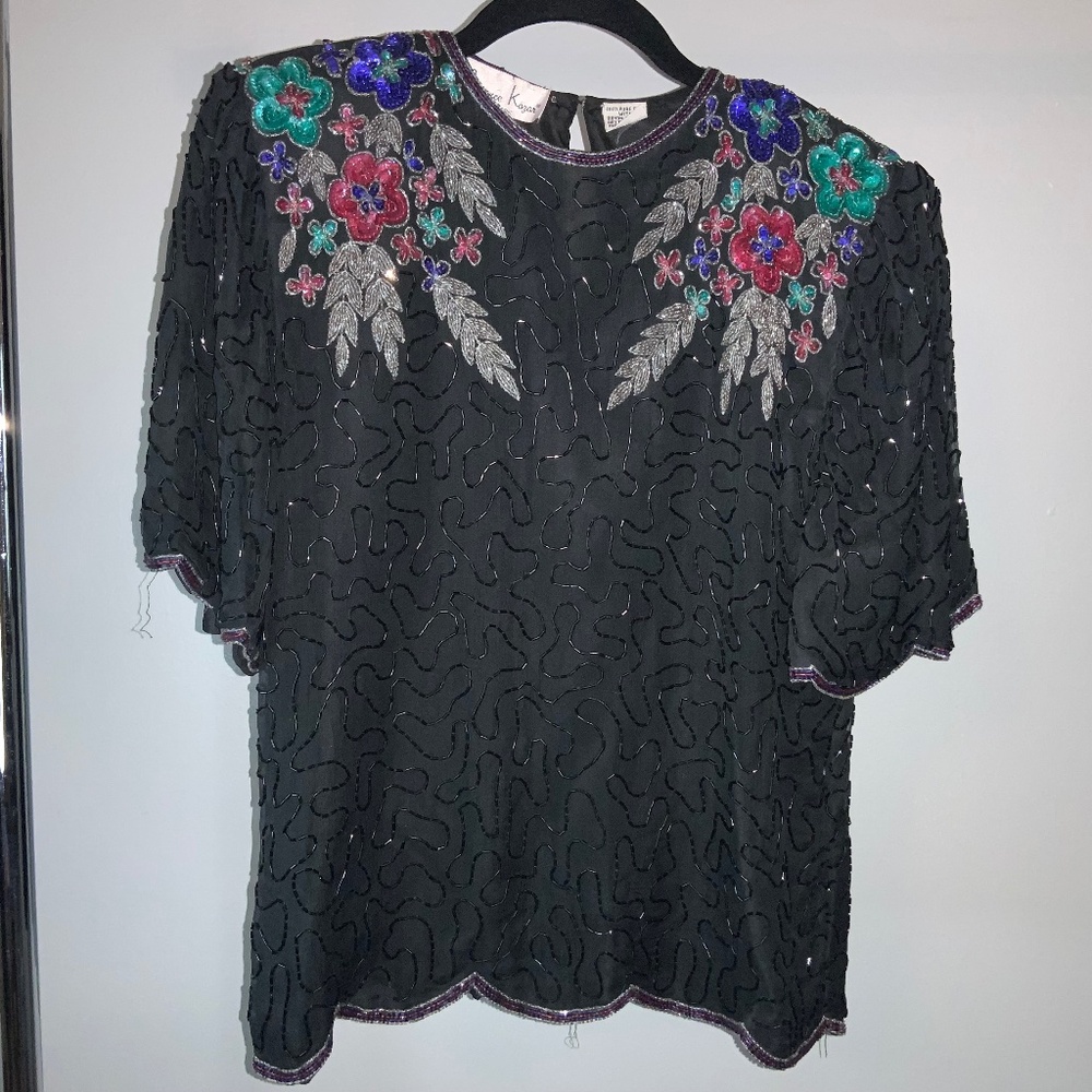 Laurence Kazar floral beaded sequin Silk blouse Sz 14 shoulder pads vintage